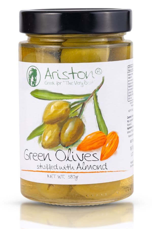 Ariston Green Olives Stuffed with Almonds 12.52 oz (355 gr) Code#586 product image 1