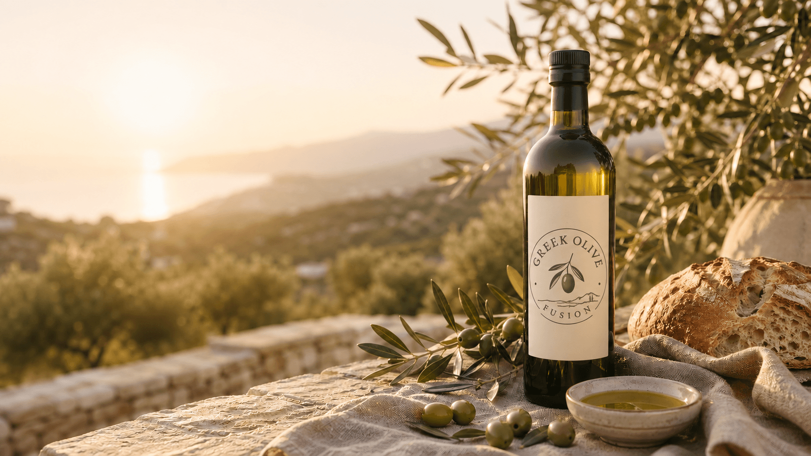 Greek Olive Fusion bottle in a Mediterranean olive grove